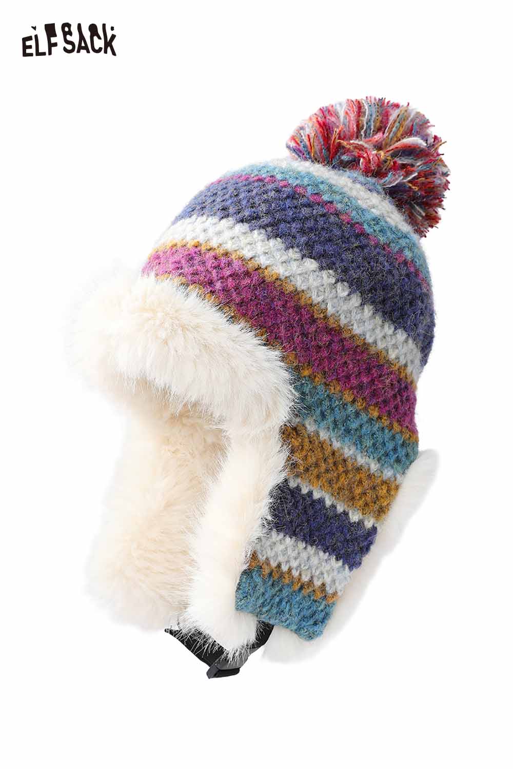 ELFSACK Cute Striped Color Block Plush Ear Flap Warm Knit Beanie