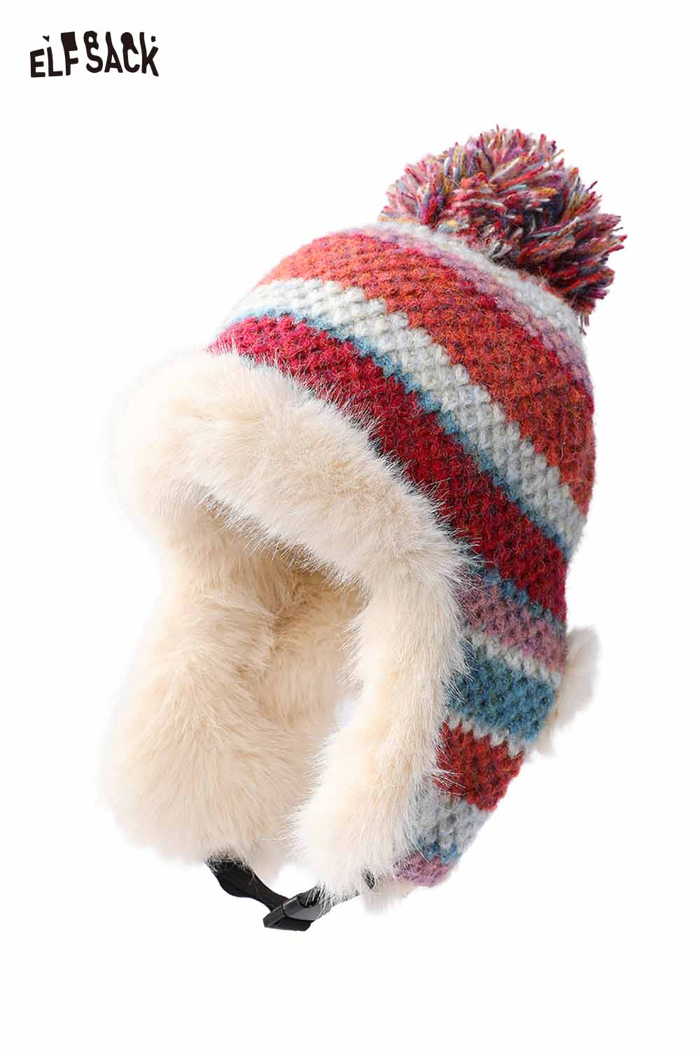 ELFSACK Cute Striped Color Block Plush Ear Flap Warm Knit Beanie