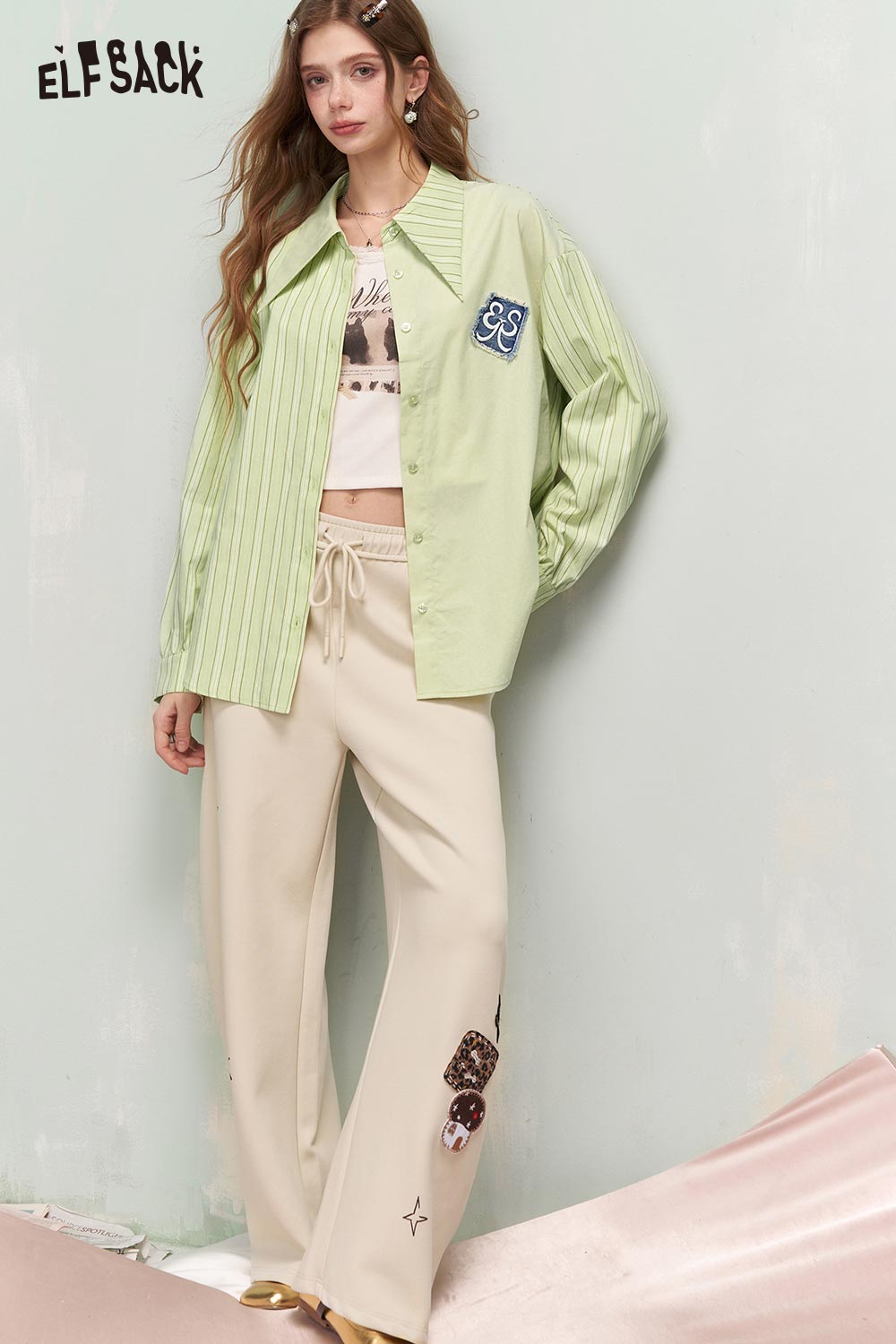 ELFSACK Striped Colorblock Shirt with Denim Patch Pocket