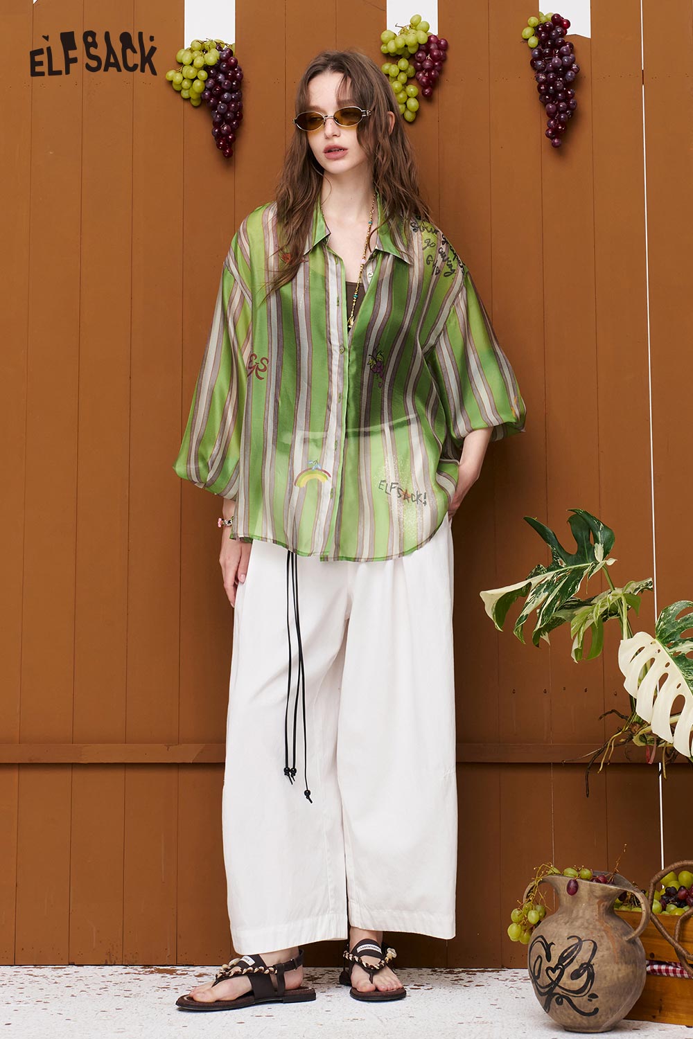 ELFSACK Striped Embroidered Long Sleeve Button-Up Shirt
