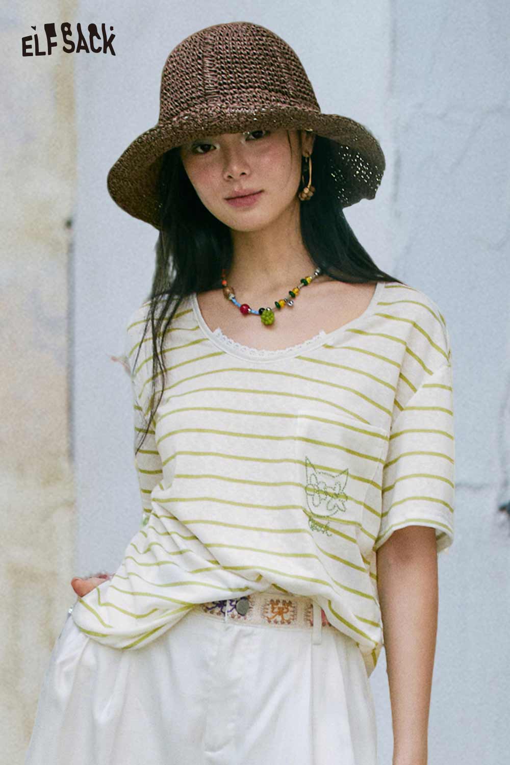ELFSACK Striped Embroidered Pocket Tee