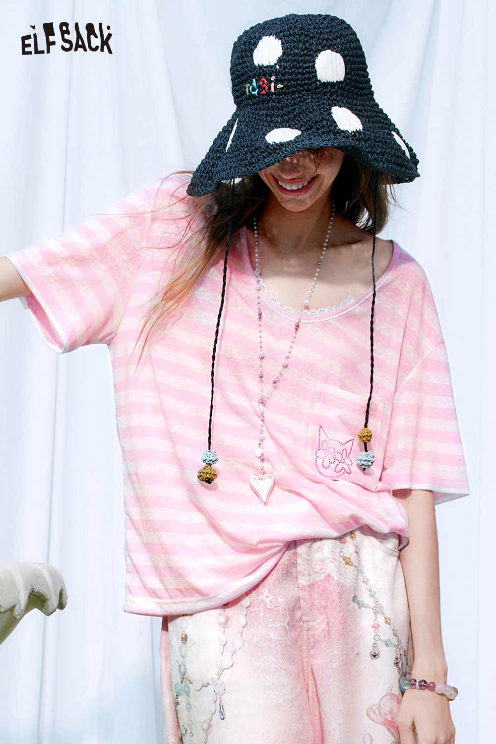 ELFSACK Striped Embroidered Pocket Tee
