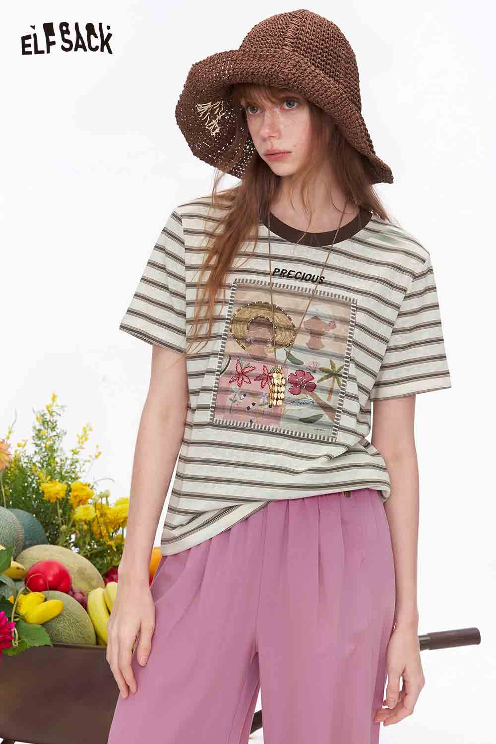 ELFSACK Striped Floral Print Contrast Trim T-Shirt