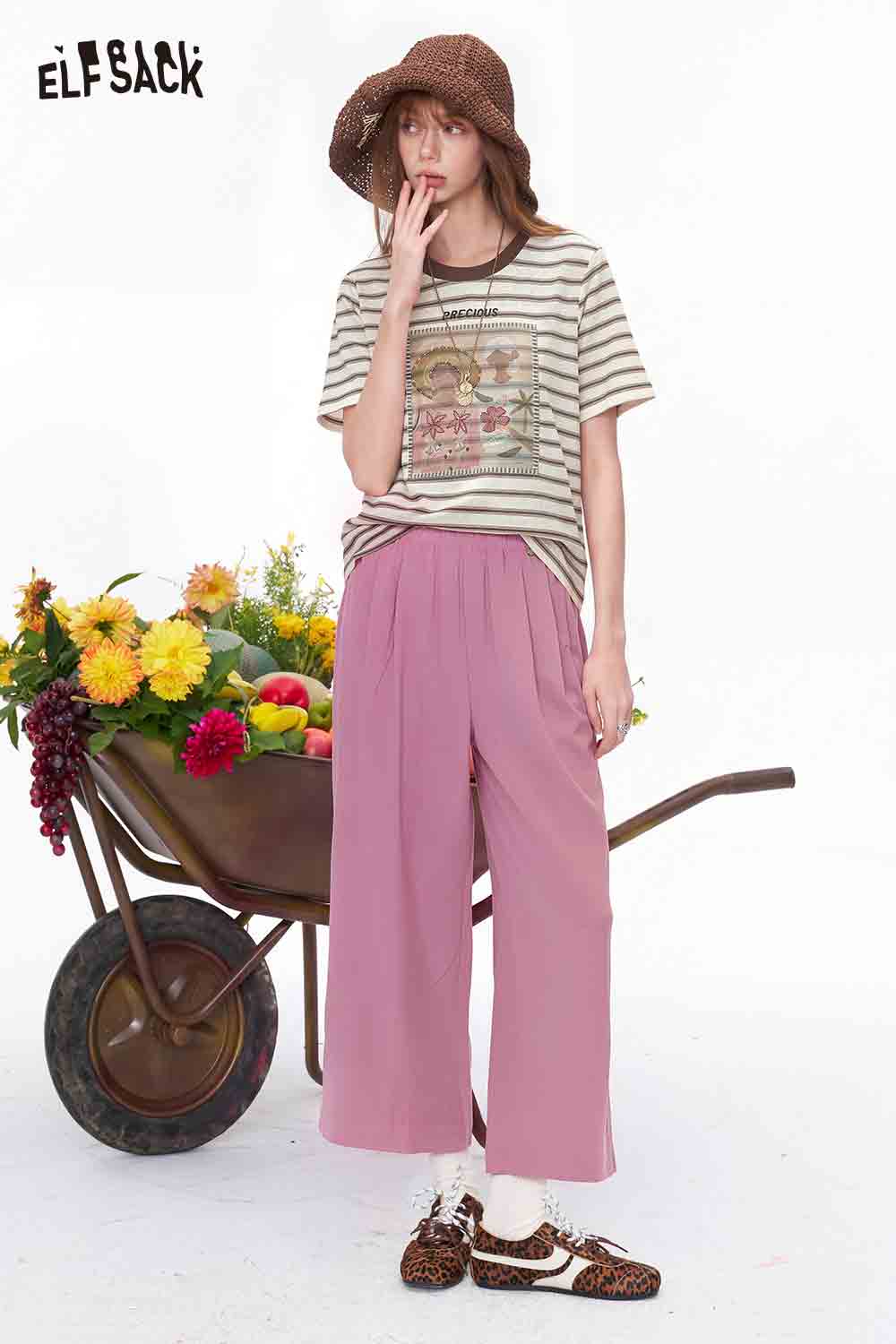 ELFSACK Striped Floral Print Contrast Trim T-Shirt
