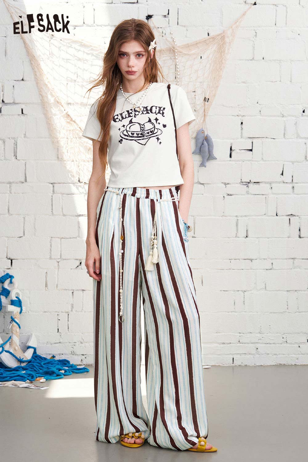 ELFSACK Striped High-Waisted Flowy Wide Leg Pants