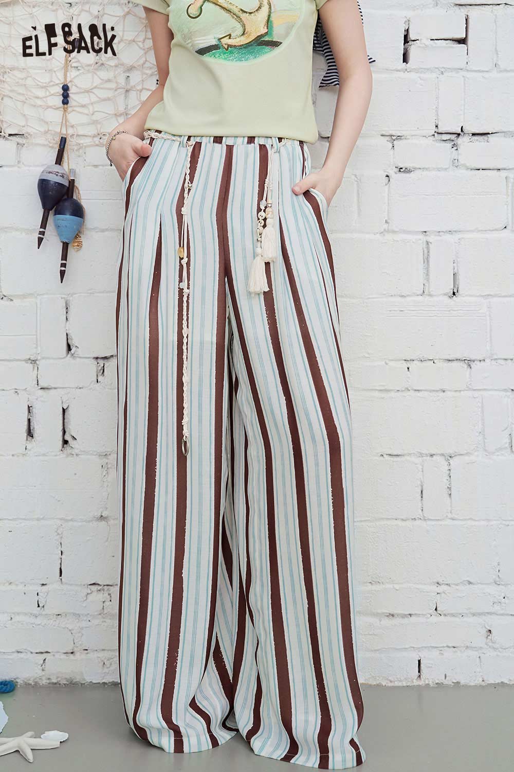 ELFSACK Striped High-Waisted Flowy Wide Leg Pants