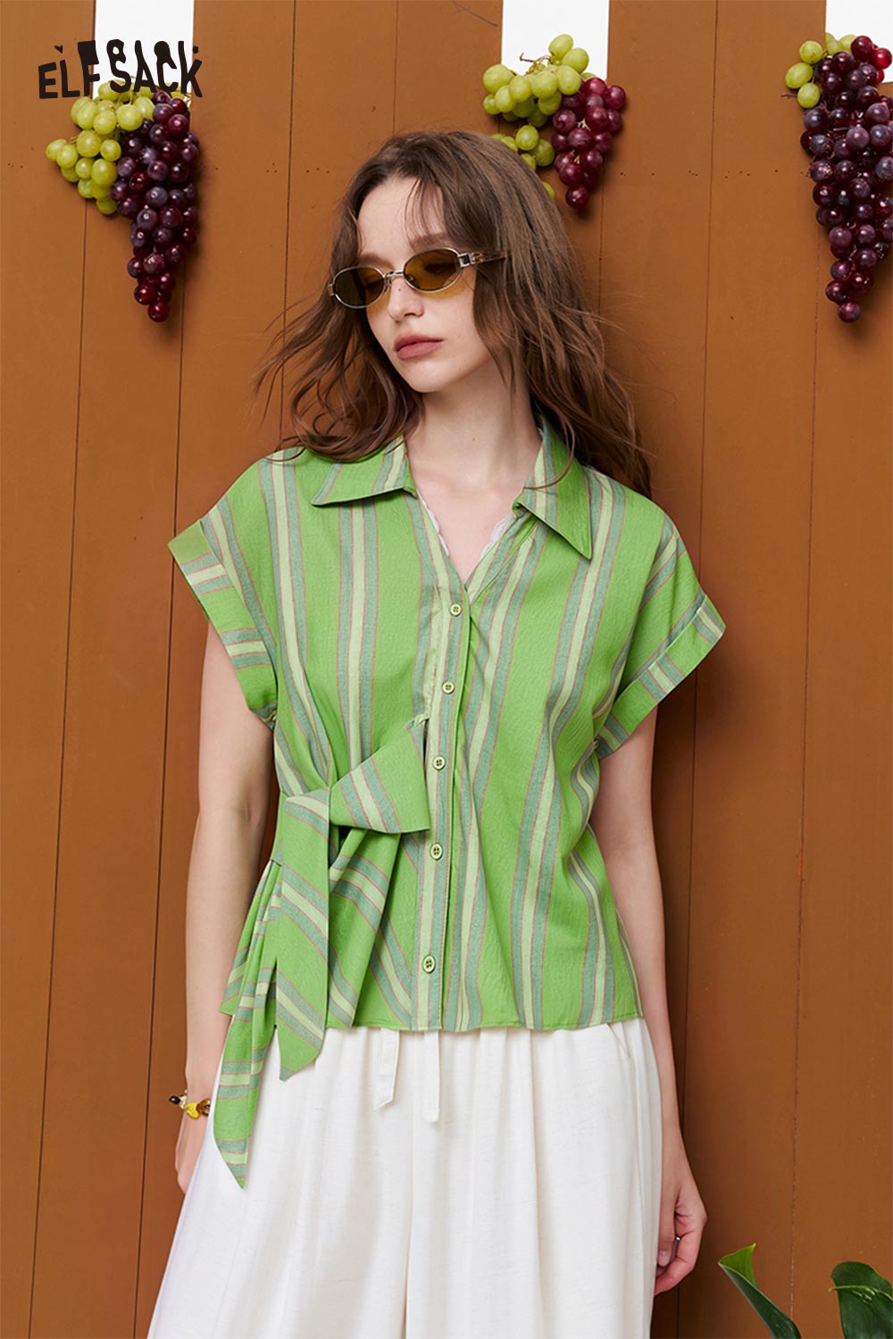 ELFSACK Striped Knot-Front Short Sleeve Cropped Shirt