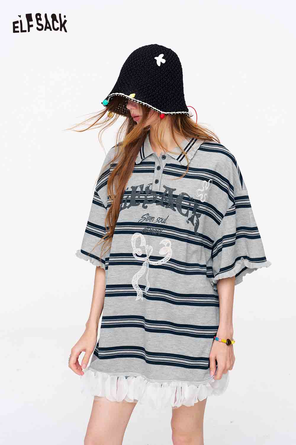 ELFSACK Striped Lace Bow Print Polo Dress