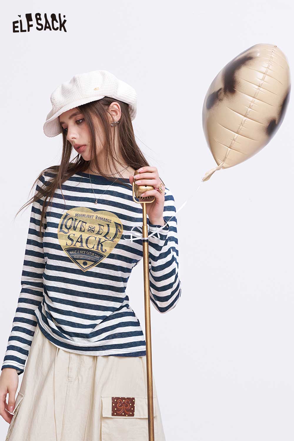 ELFSACK Striped Long Sleeve T-Shirt with Heart Print