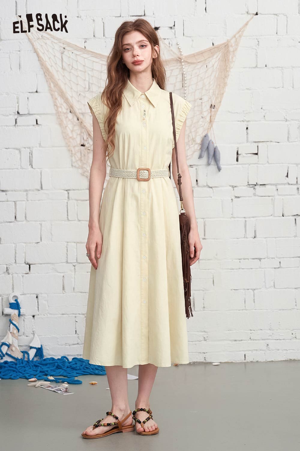 ELFSACK Striped Puff Sleeve Belted Shirt Dress