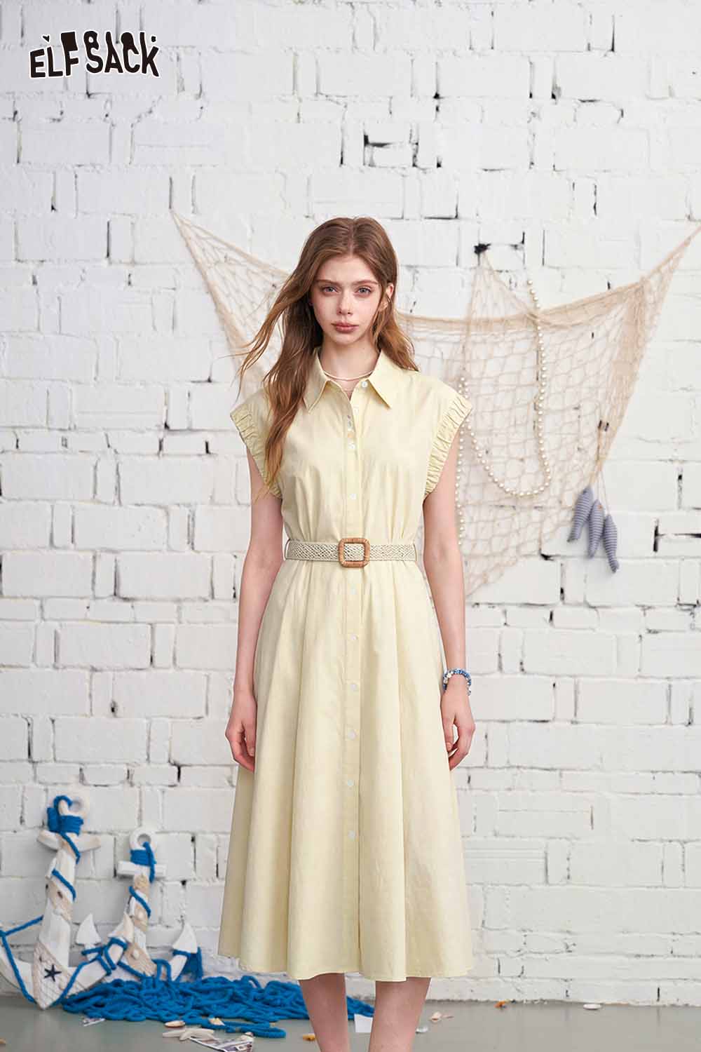 ELFSACK Striped Puff Sleeve Belted Shirt Dress