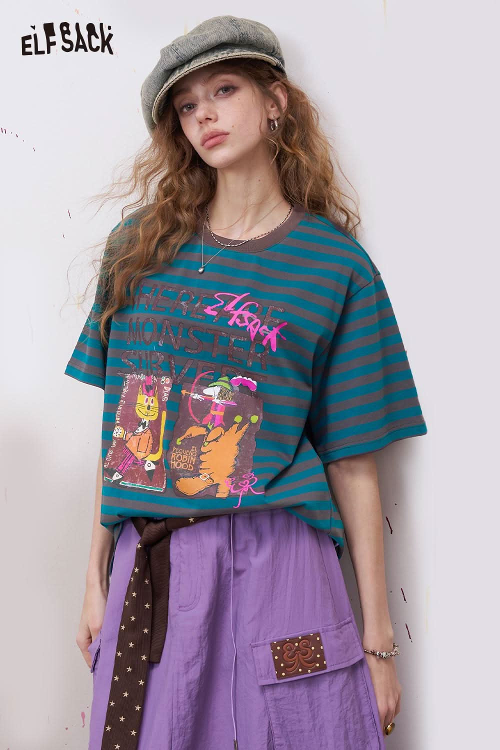ELFSACK Striped Short Sleeve T Shirt with Retro Print