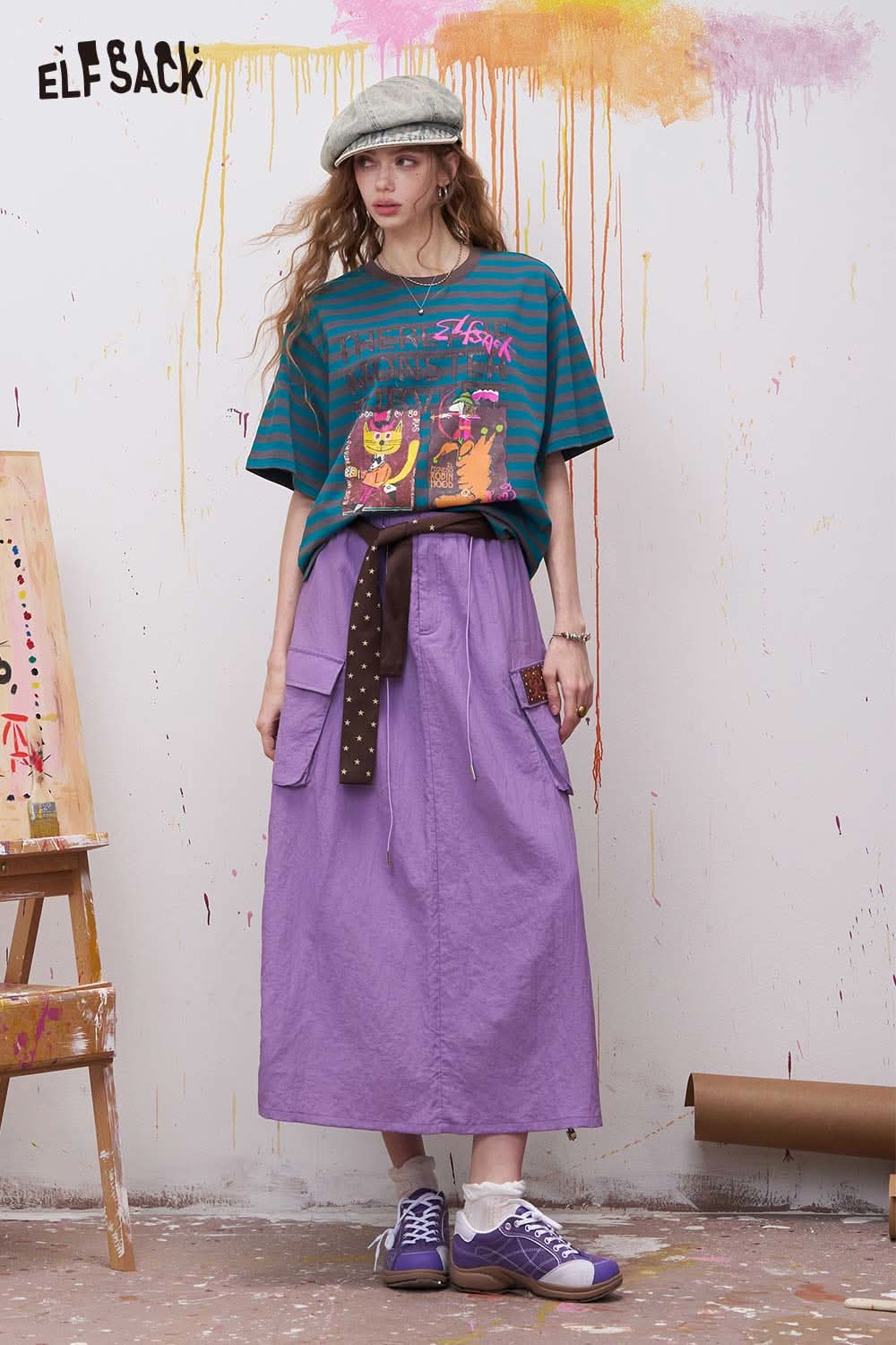 ELFSACK Striped Short Sleeve T Shirt with Retro Print