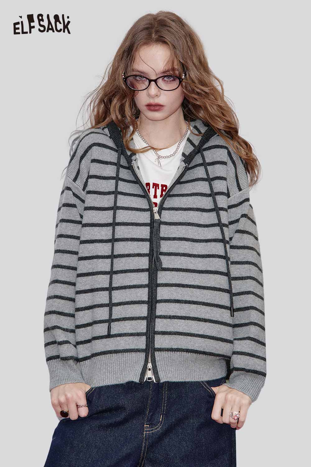 ELFSACK Breathable Striped Zip-up Hooded Knit Cardigan