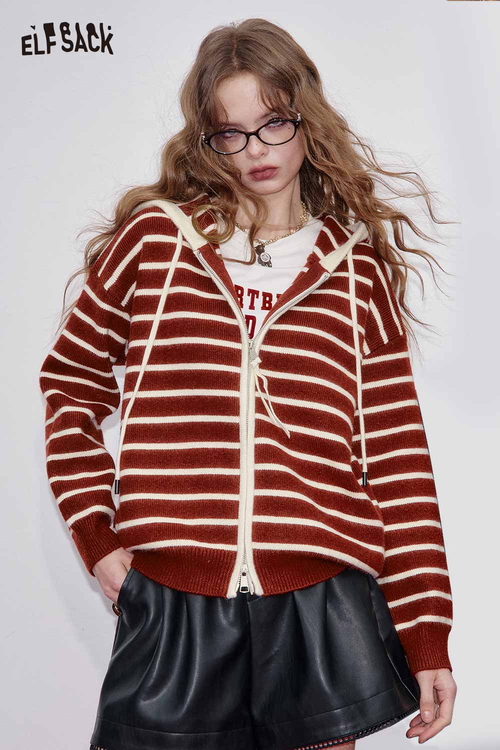 ELFSACK Breathable Striped Zip-up Hooded Knit Cardigan