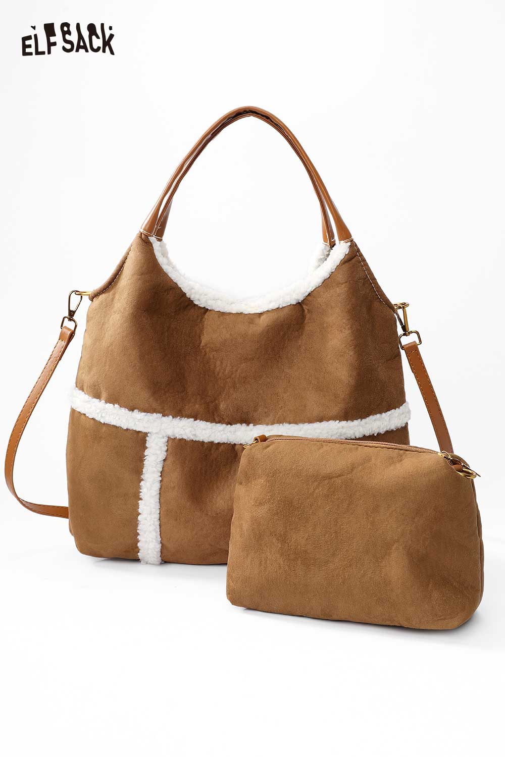 ELFSACK Classic Suede Lambswool Makeup Bag Crossbody Shoulder Bag