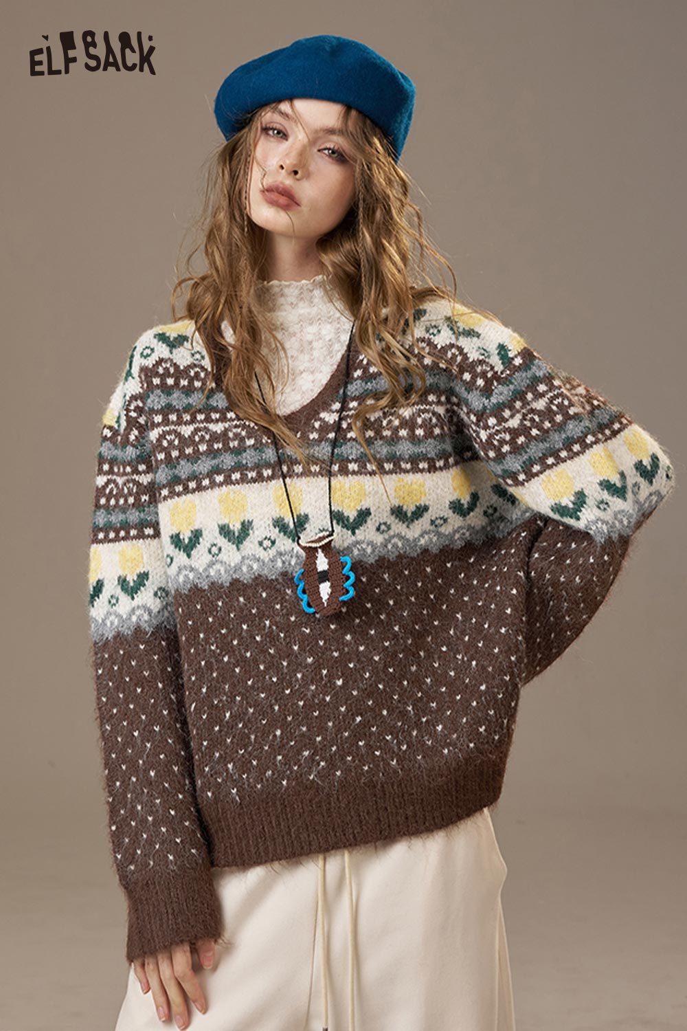 ELFSACK Soft V Neck Polka Dot Floral Print Knit Loose Fit Sweater