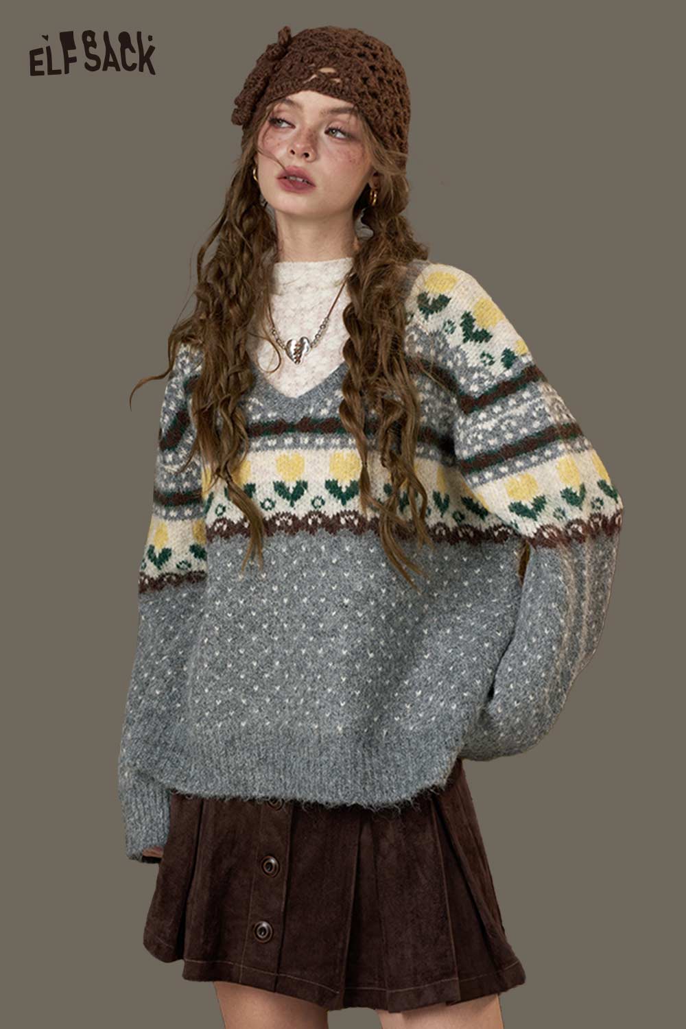 ELFSACK Soft V Neck Polka Dot Floral Print Knit Loose Fit Sweater