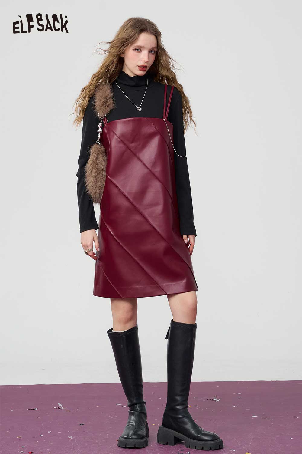 ELFSACK Sweet Cool Angora Red PU Leather Slip Dress