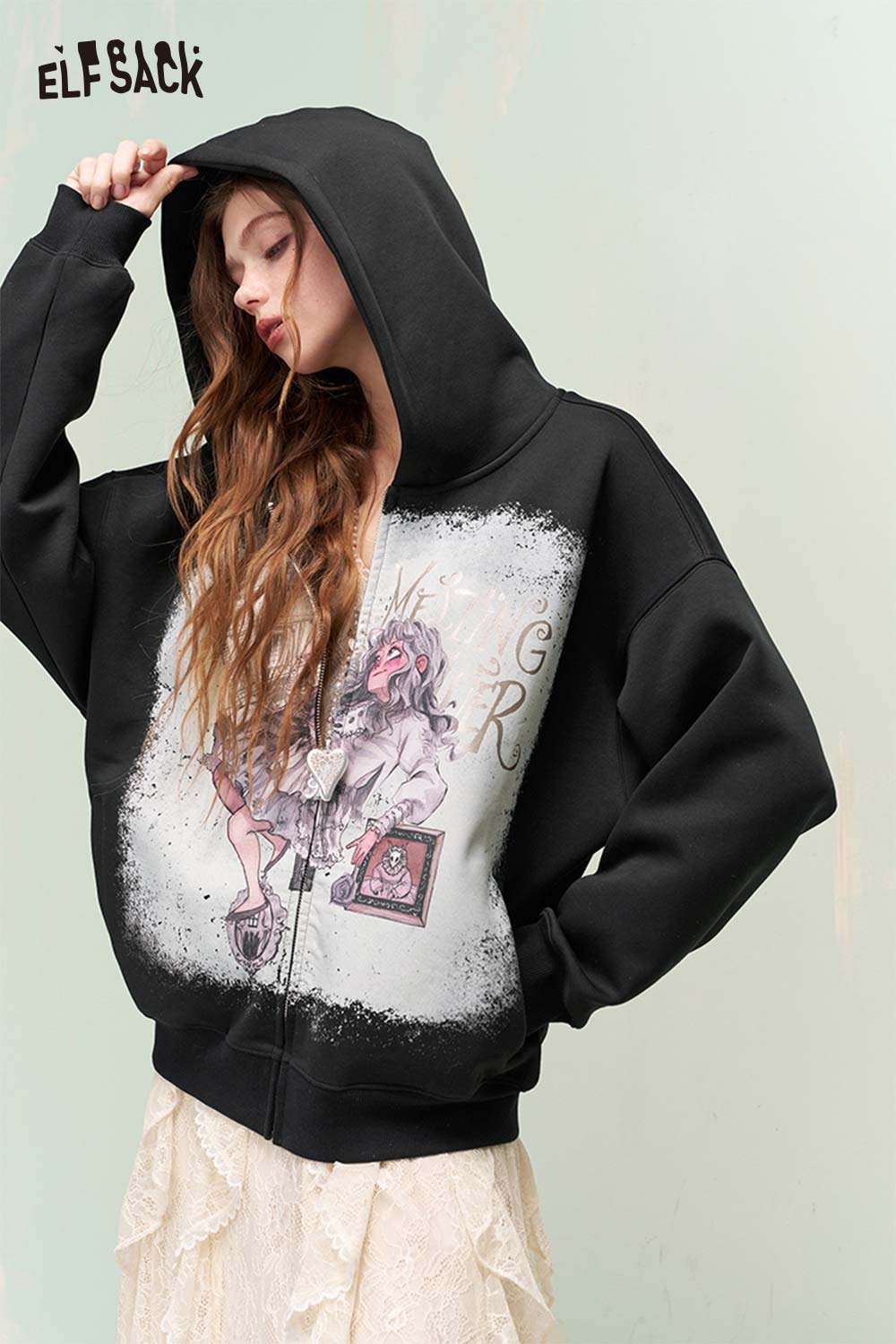 ELFSACK Sweet Cool Girly Splatter Print Hooded Zip Up Sweatshirt Jacket
