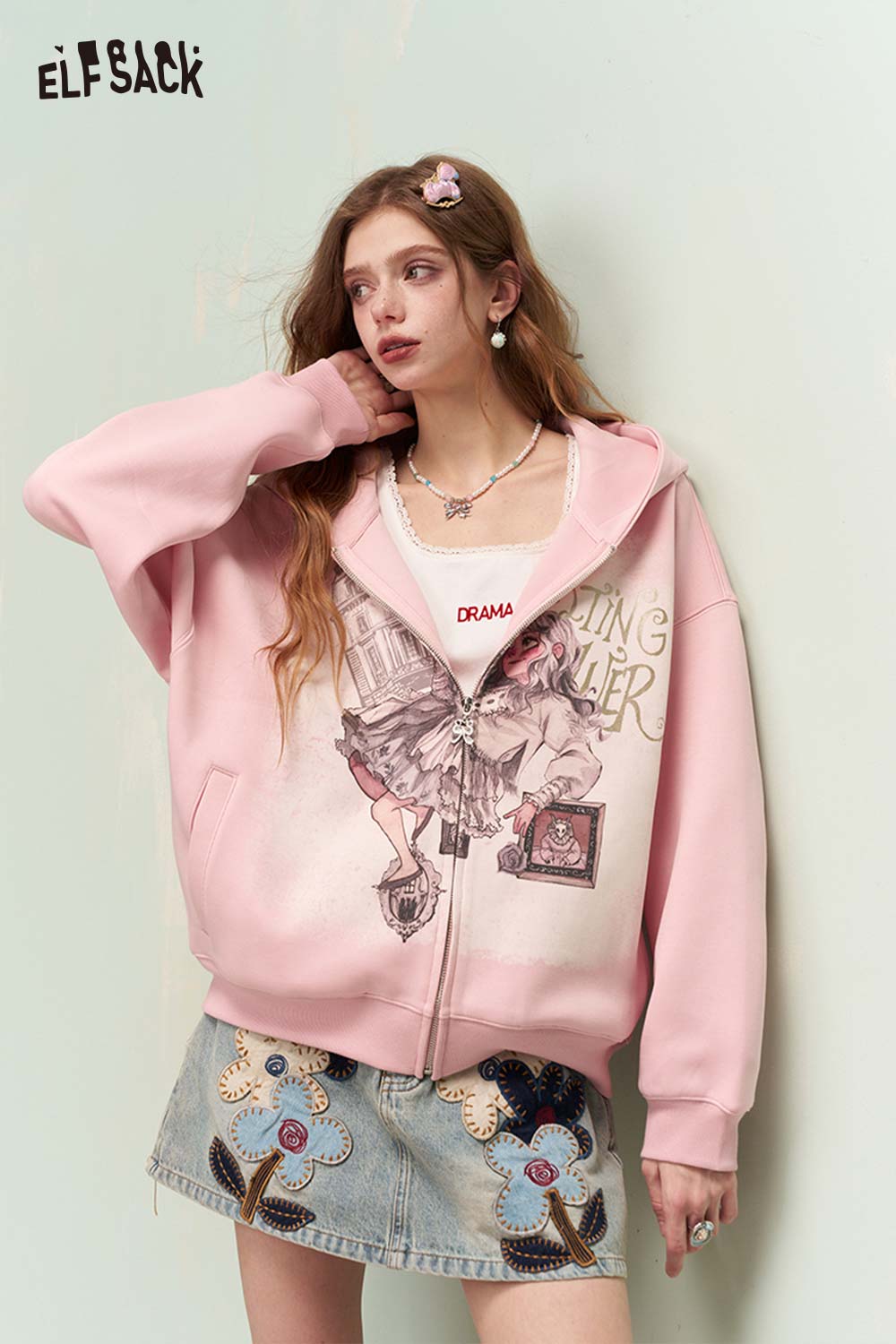 ELFSACK Sweet Cool Girly Splatter Print Hooded Zip Up Sweatshirt Jacket
