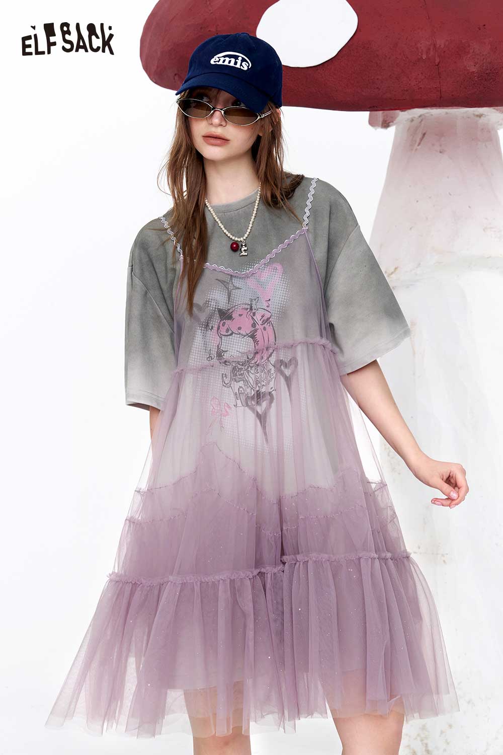 ELFSACK Sweet Cool Mesh Layered Tulle Dress