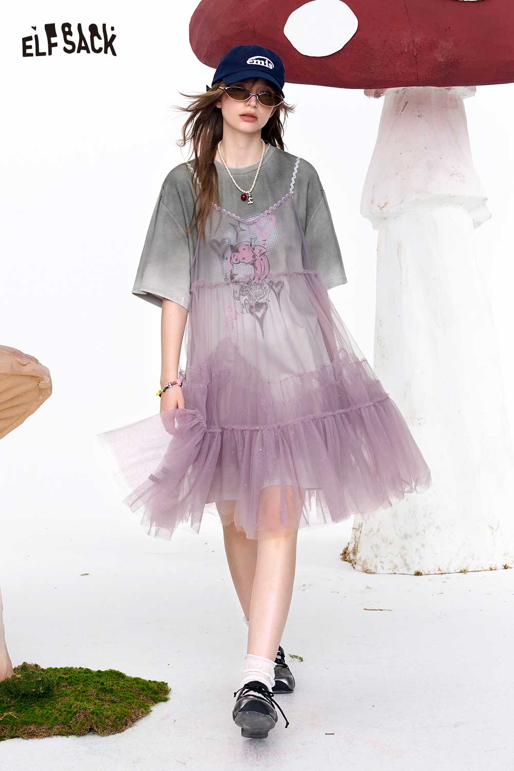 ELFSACK Sweet Cool Mesh Layered Tulle Dress