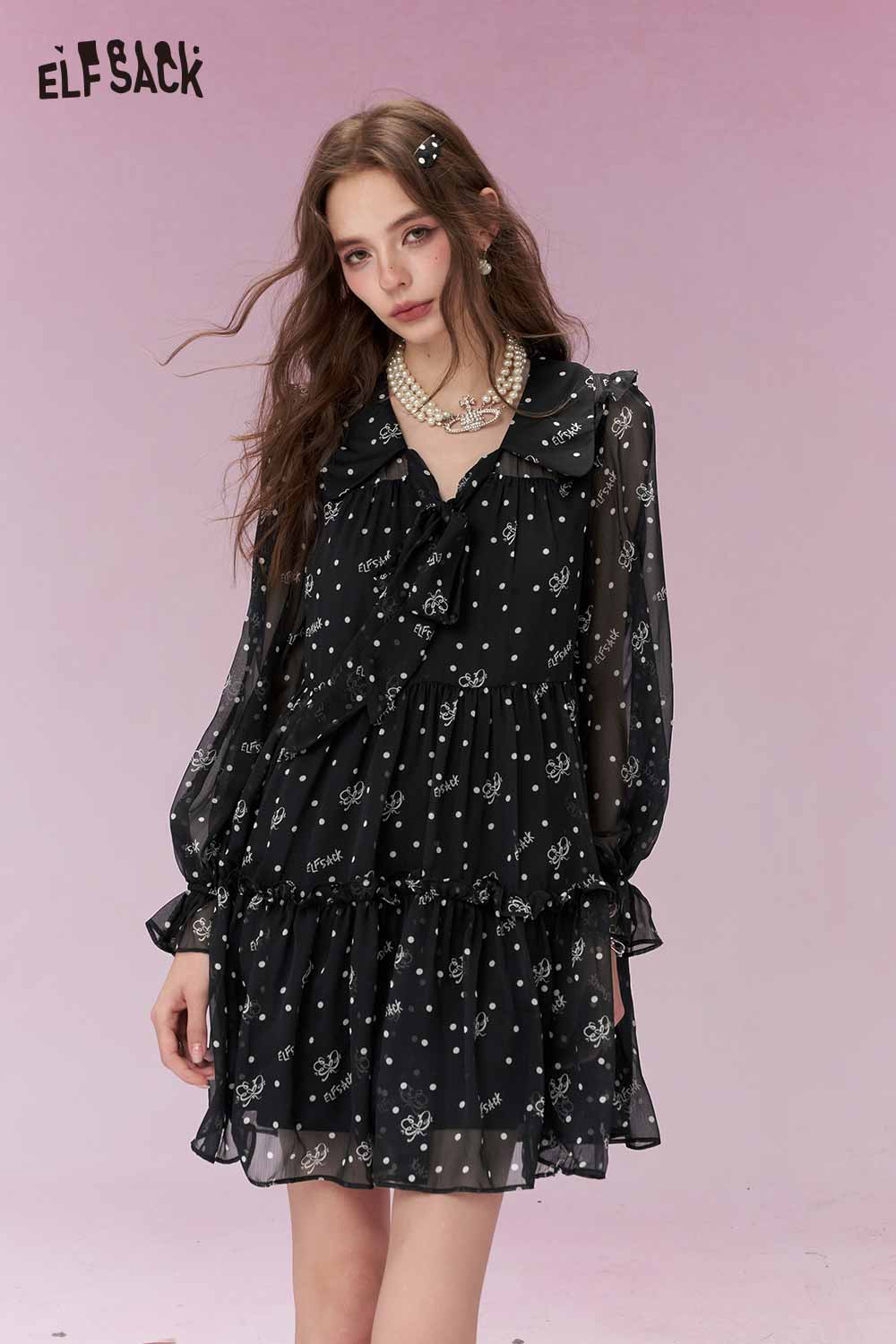 ELFSACK Sweet Cool Polka Dot Print Tiered Chiffon Dress