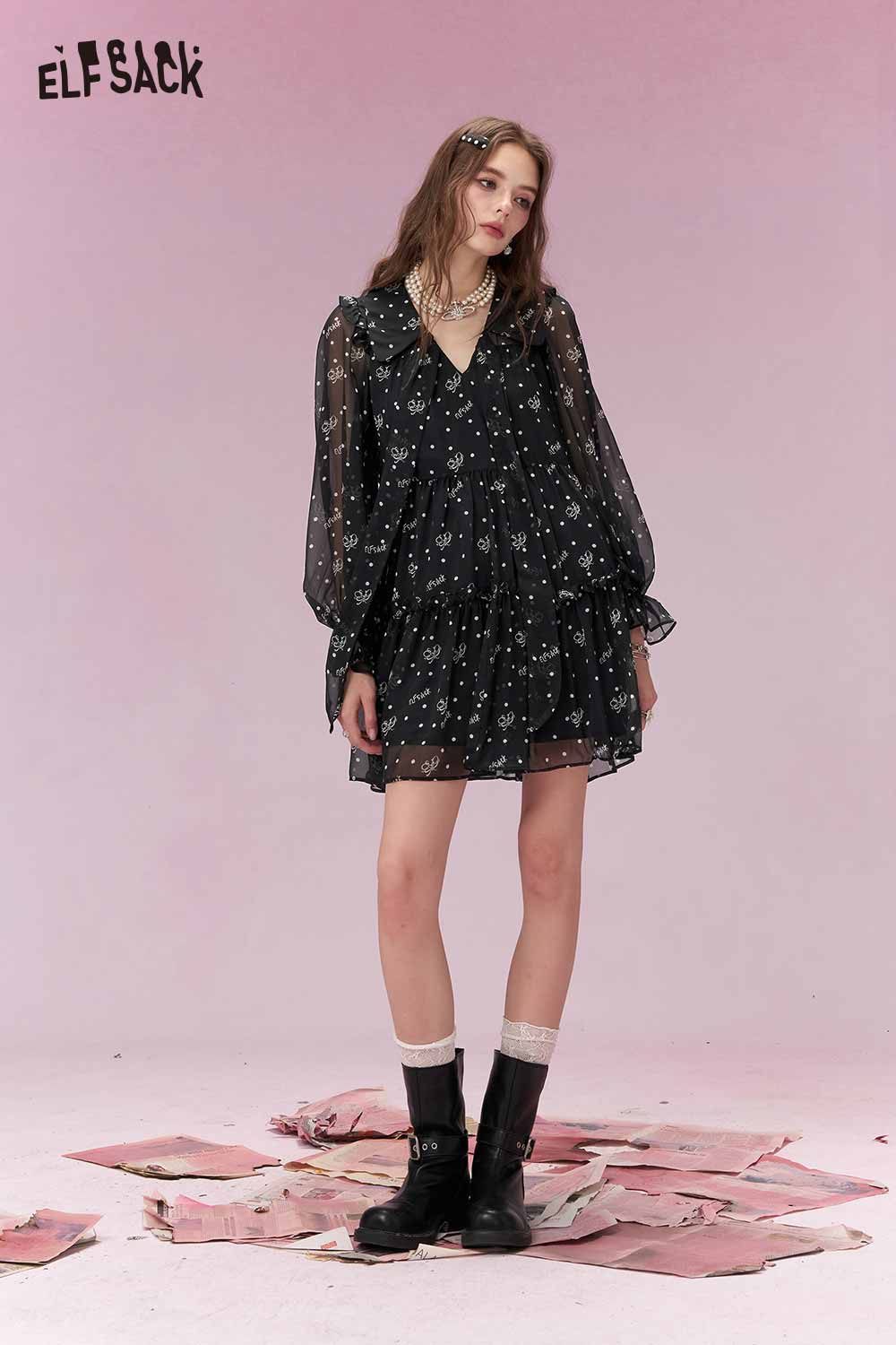 ELFSACK Sweet Cool Polka Dot Print Tiered Chiffon Dress