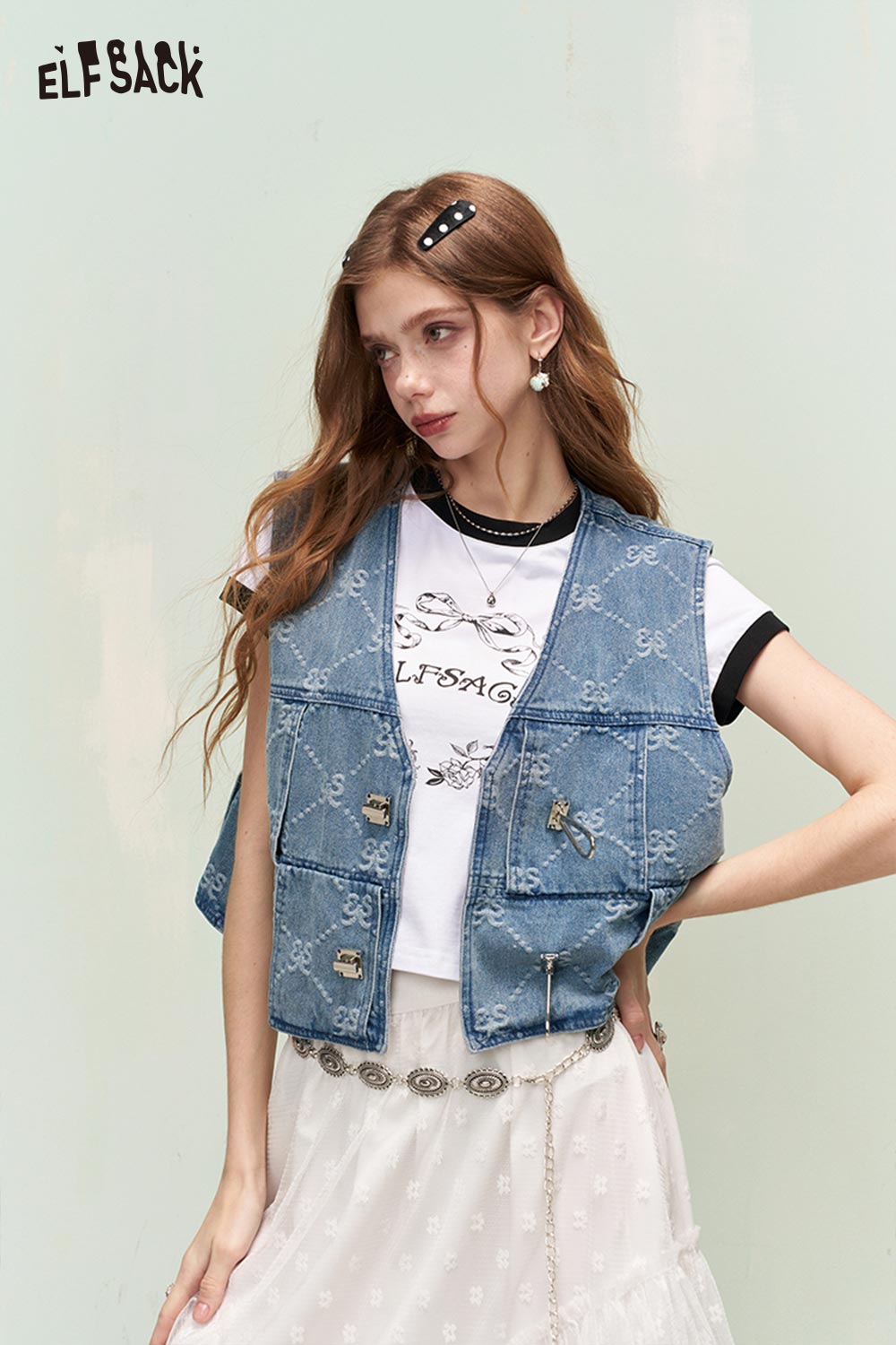 ELFSACK Sweet Cool Vintage Allover Jacquard Metal Button Cropped Denim Vest
