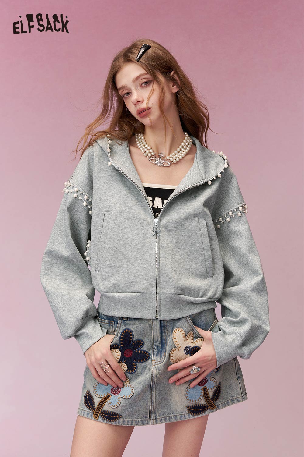 ELFSACK Sweet Energetic Pearl Embellished Hooded Cropped Sweatshirt Jacket