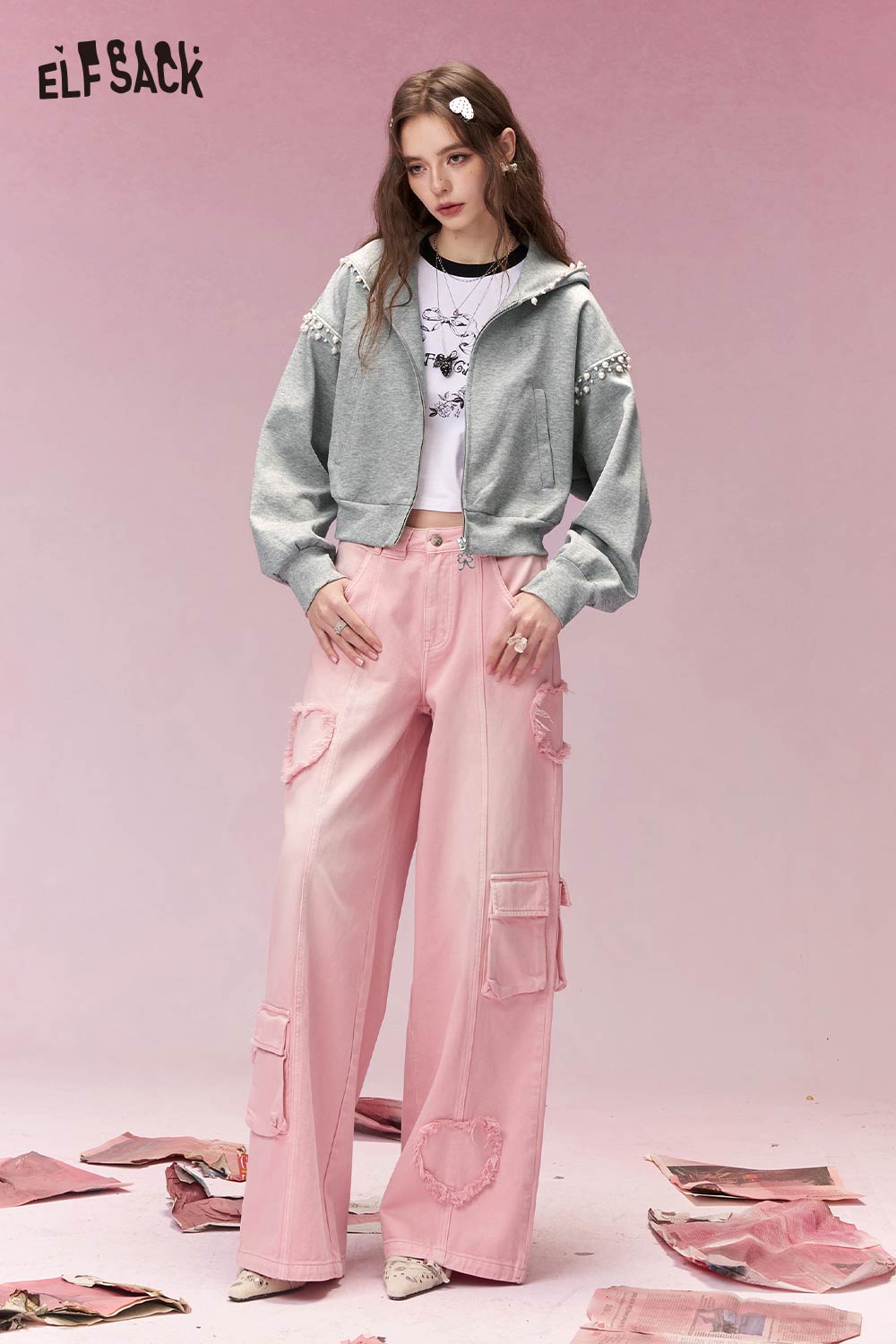 ELFSACK Sweet Energetic Pearl Embellished Hooded Cropped Sweatshirt Jacket