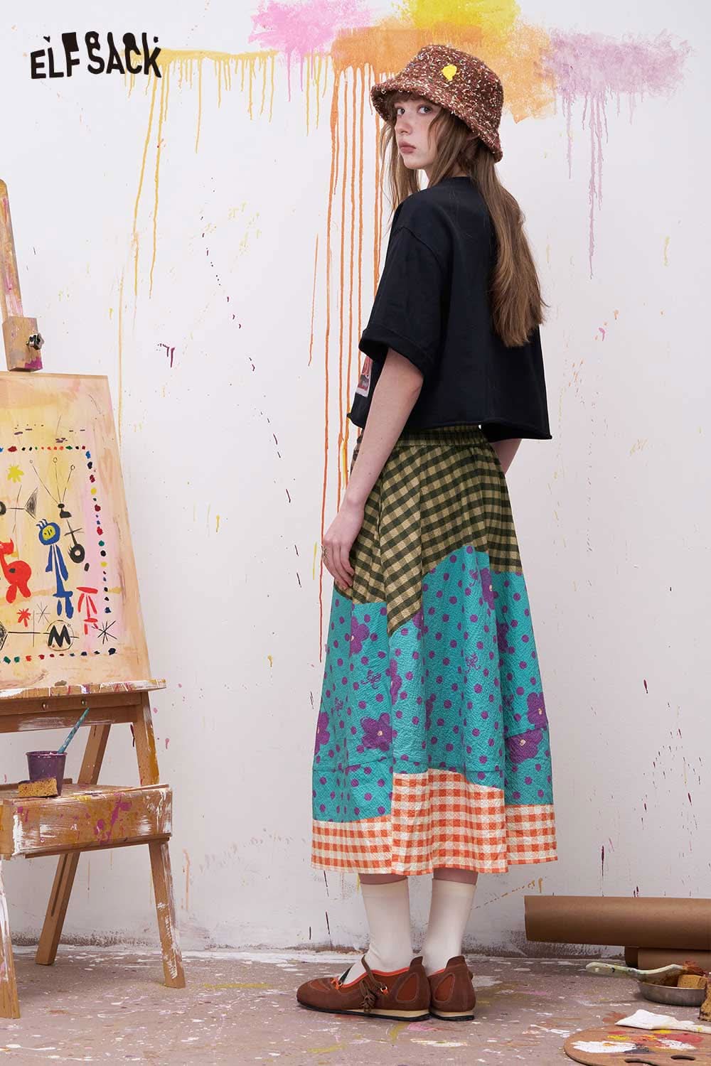 ELFSACK Sweet Floral Gingham Print Midi Skirt