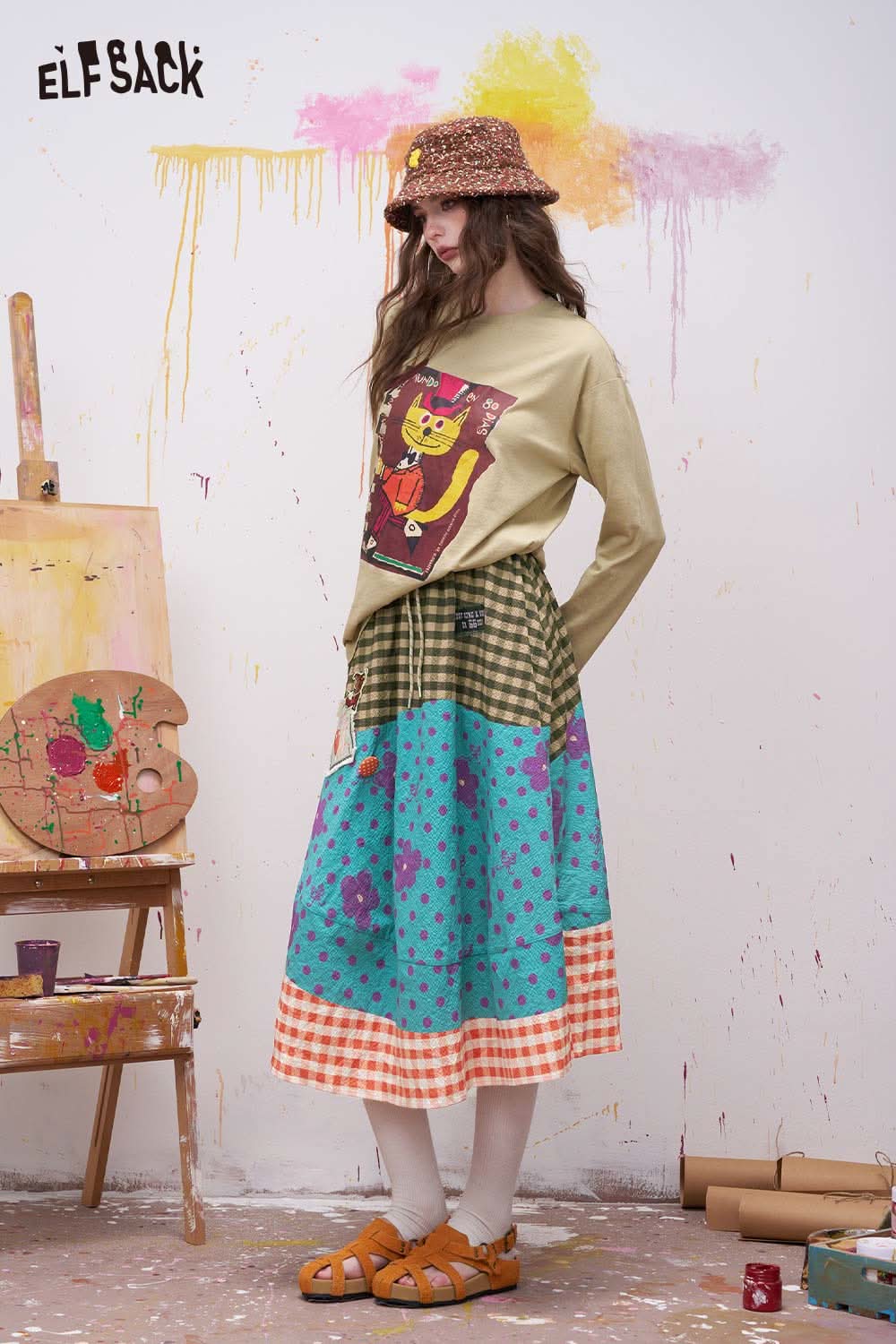 ELFSACK Sweet Floral Gingham Print Midi Skirt