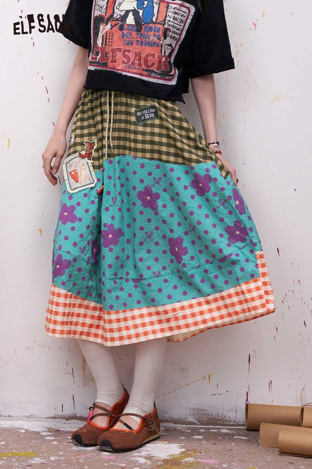 ELFSACK Sweet Floral Gingham Print Midi Skirt