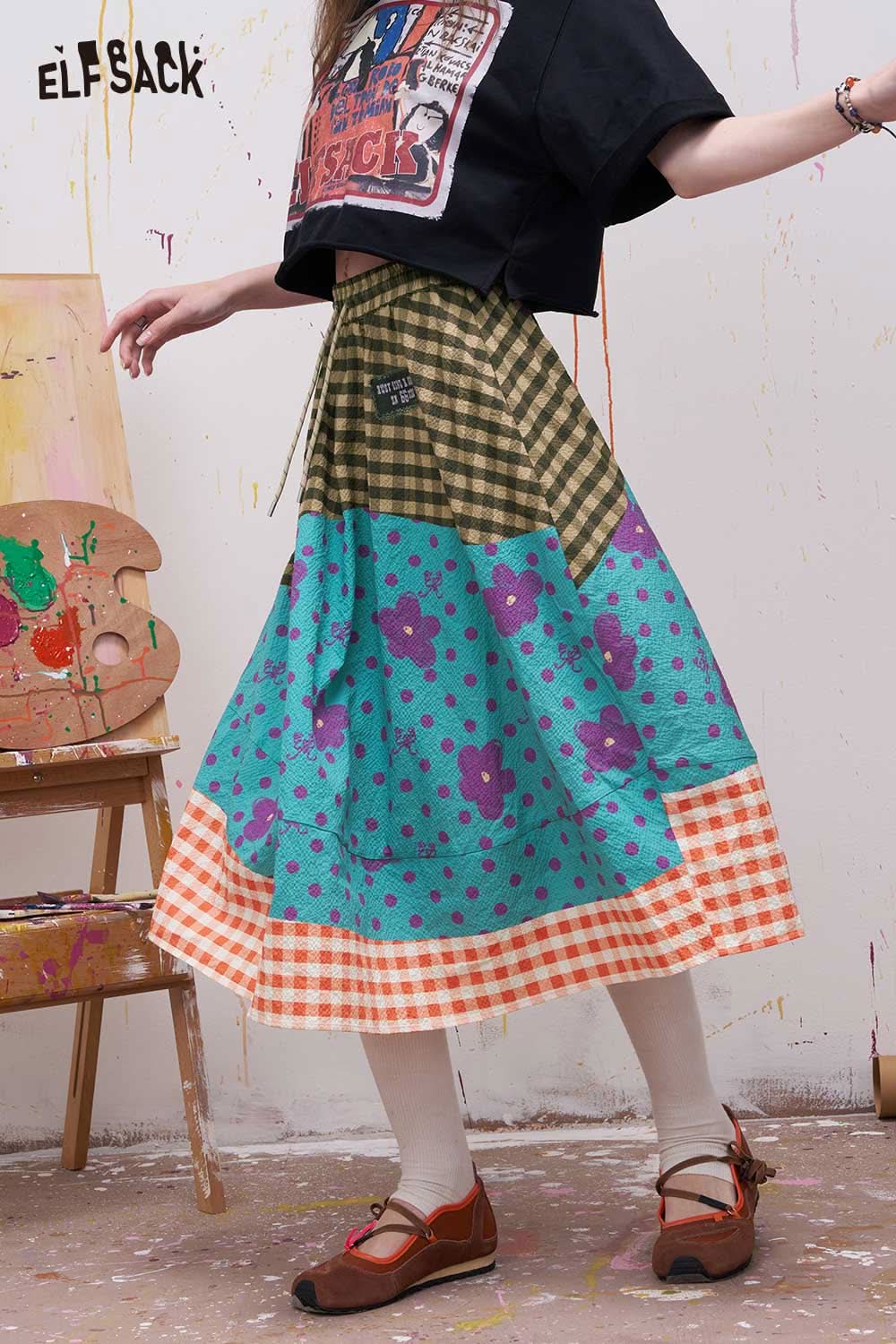 ELFSACK Sweet Floral Gingham Print Midi Skirt