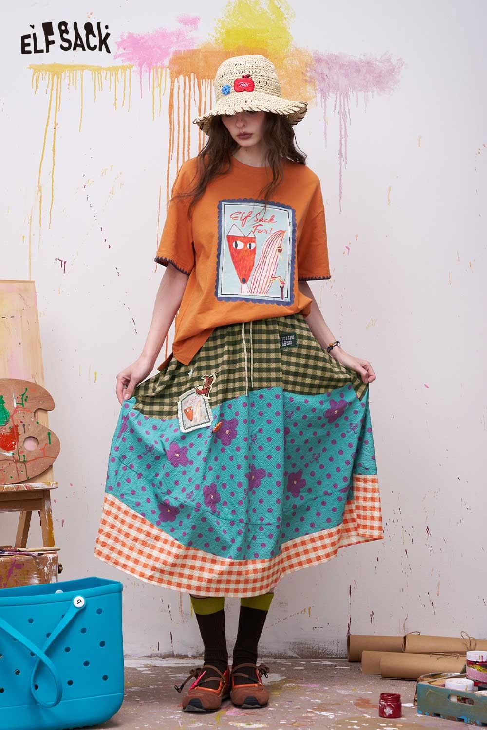 ELFSACK Sweet Floral Gingham Print Midi Skirt