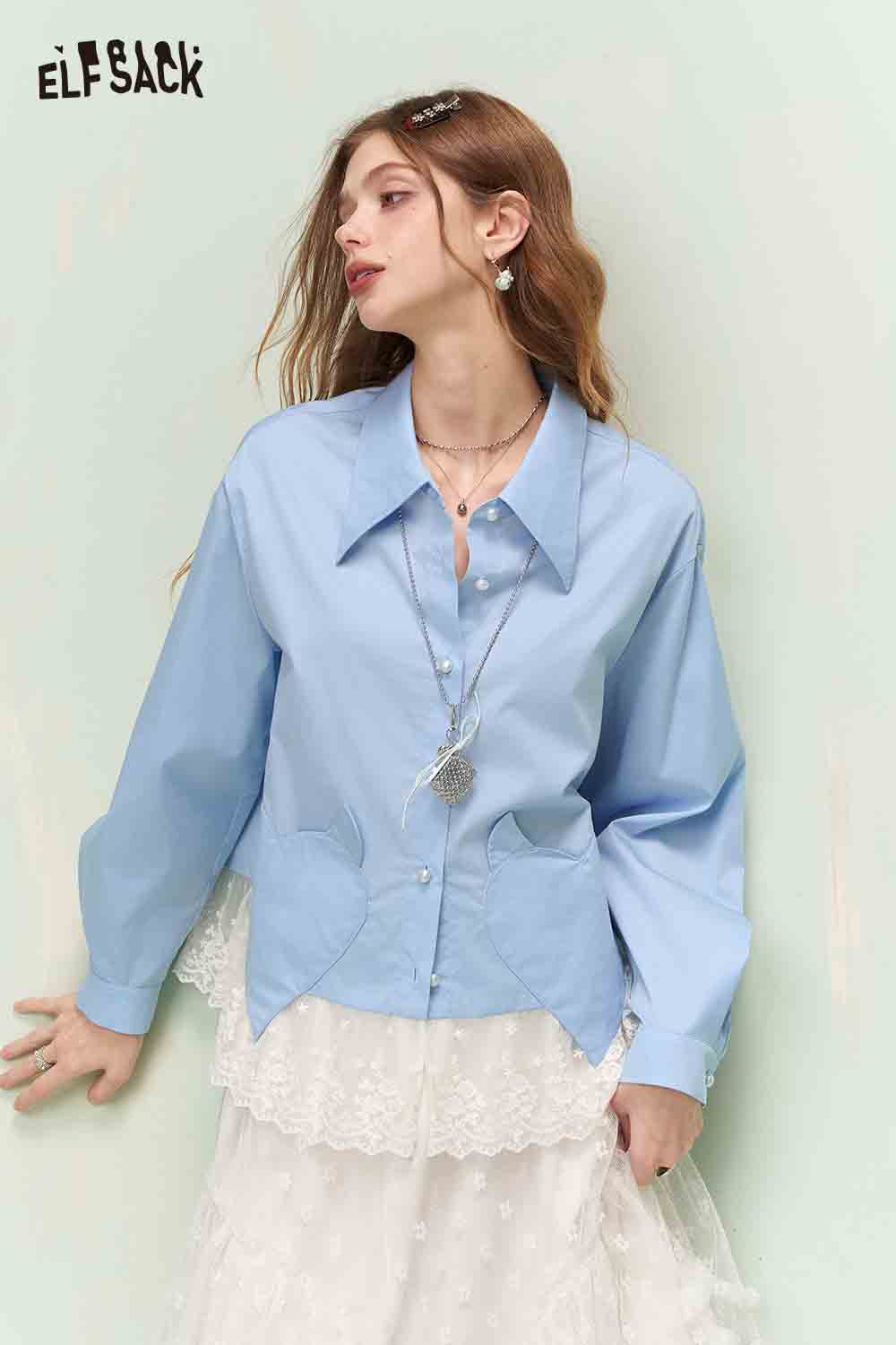 ELFSACK Sweet Girly Heart Pocket Lace Hem Long Sleeve Shirt