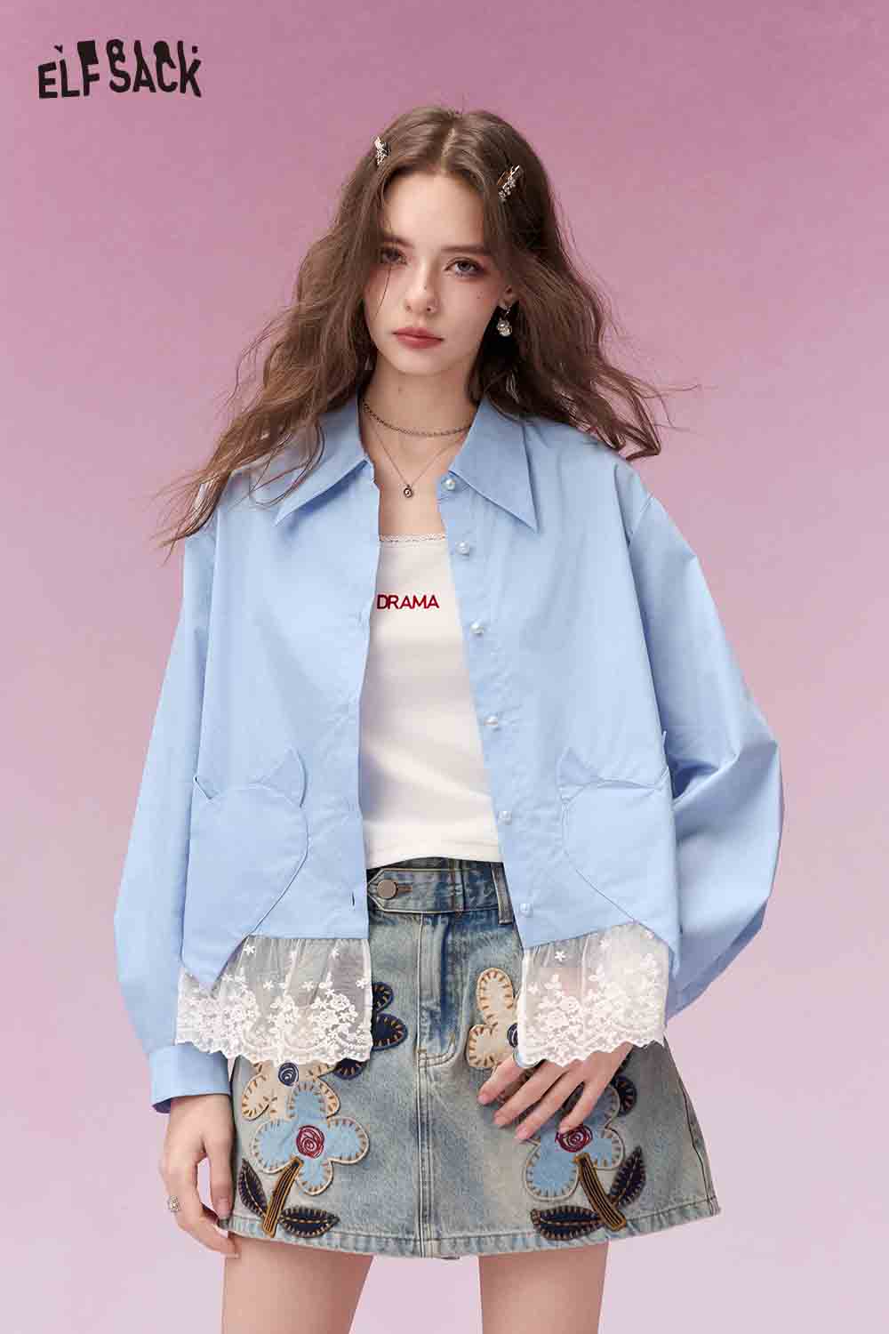 ELFSACK Sweet Girly Heart Pocket Lace Hem Long Sleeve Shirt