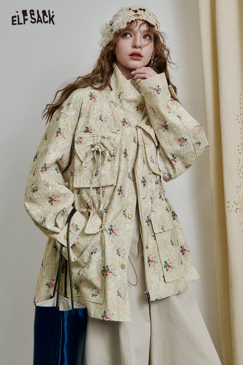 ELFSACK Sweet lace bow print loose coat women zipper long sleeve mid-length jacket