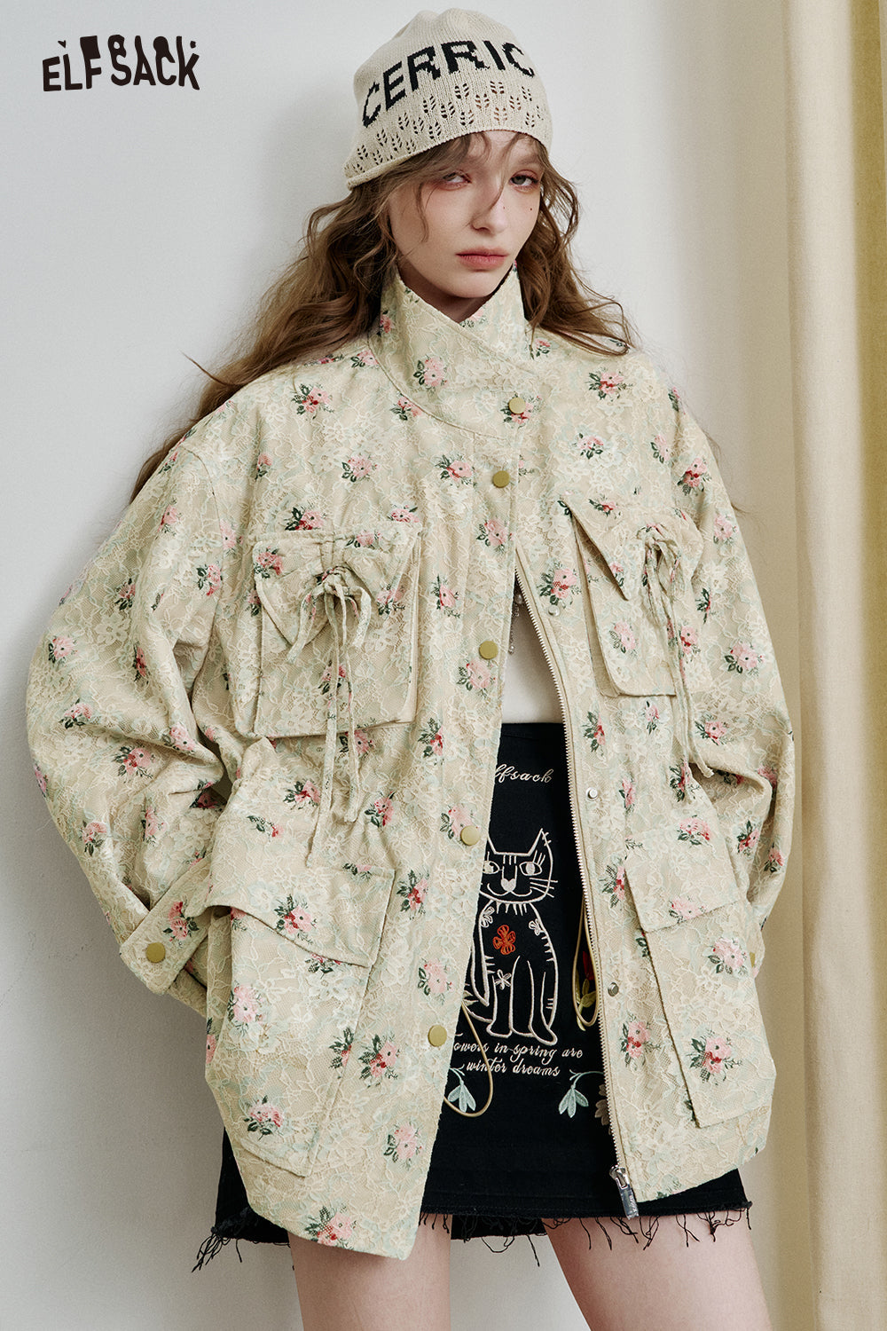 ELFSACK Sweet lace bow print loose coat women zipper long sleeve mid-length jacket