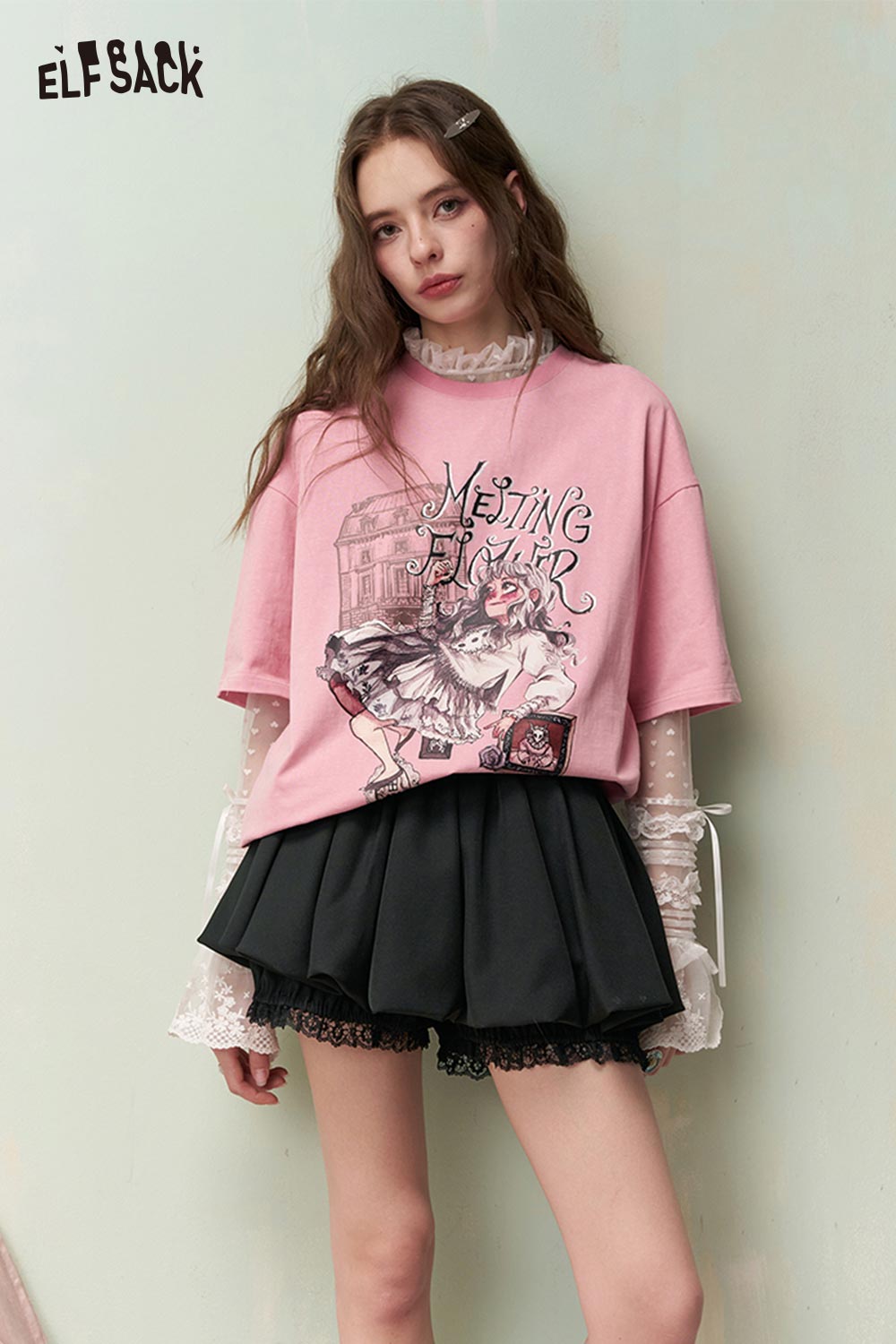 ELFSACK Sweet Lace Insert Black Tulip Hem Skirt