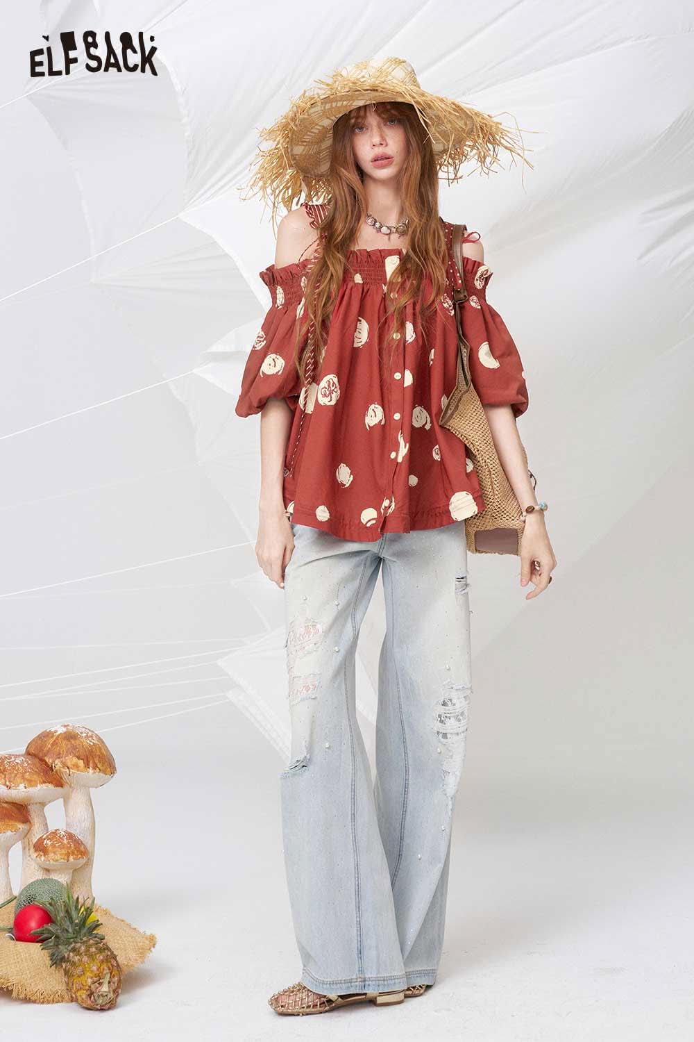 ELFSACK Sweet Off-Shoulder Printed Blouse