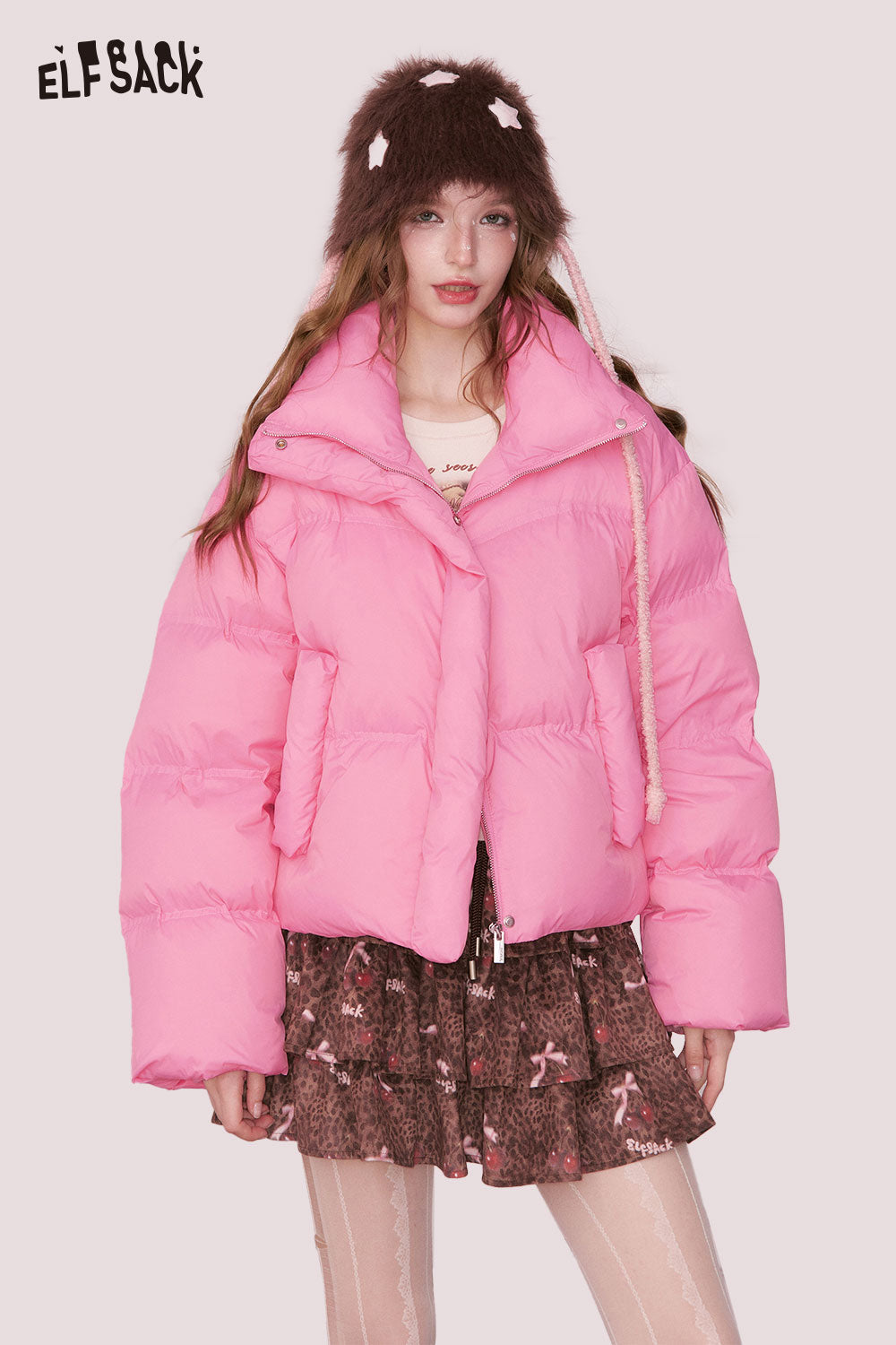 ELFSACK Preppy Solid Cropped Lapel Down Jacket