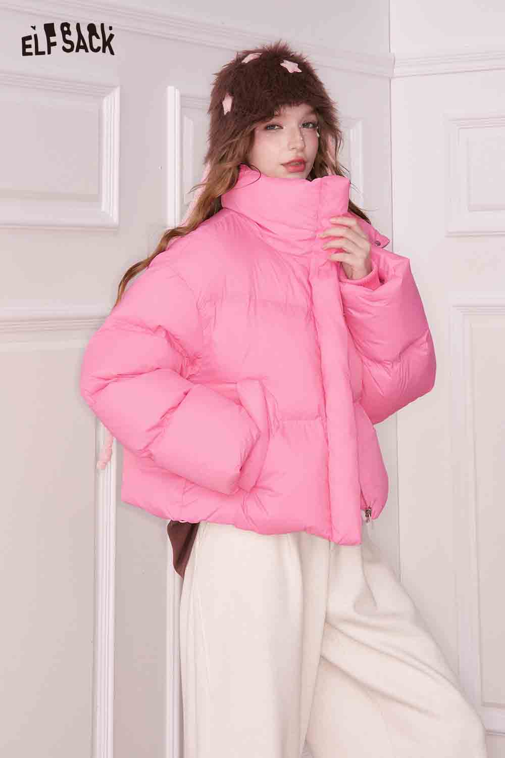 ELFSACK Preppy Solid Cropped Lapel Down Jacket