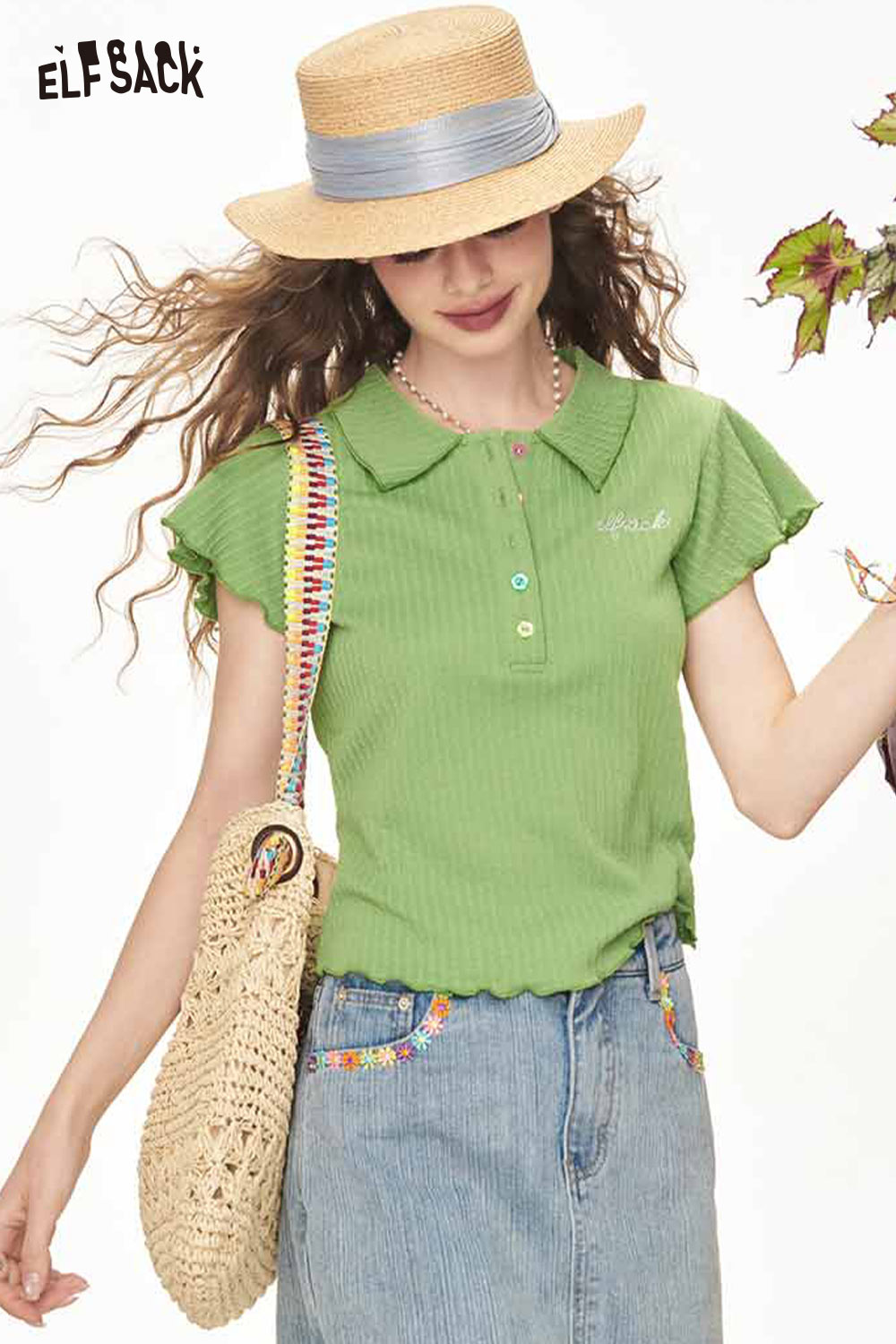ELFSACK Sweet Ribbed Ruffle Sleeve Polo Top