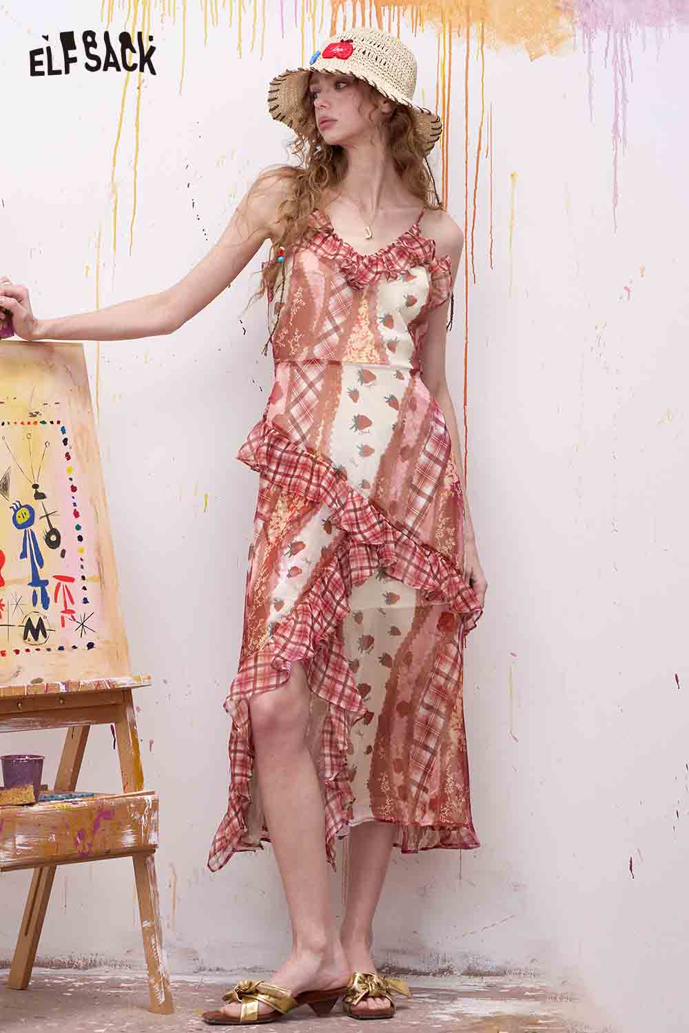 ELFSACK Sweet Sleeveless Maxi Dress with Gingham Ruffle Hem