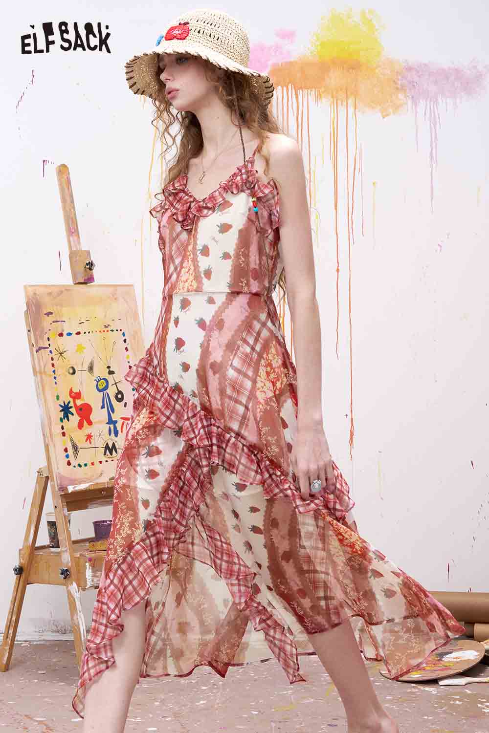 ELFSACK Sweet Sleeveless Maxi Dress with Gingham Ruffle Hem