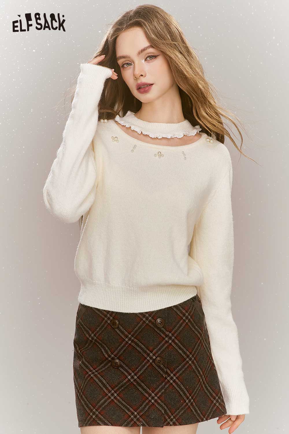ELFSACK Sweet White Pearl Embellished Sweater