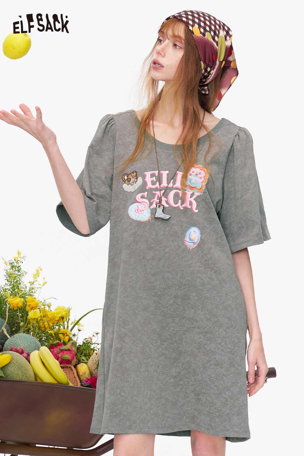ELFSACK Tie Back Bear Embroidery Dress